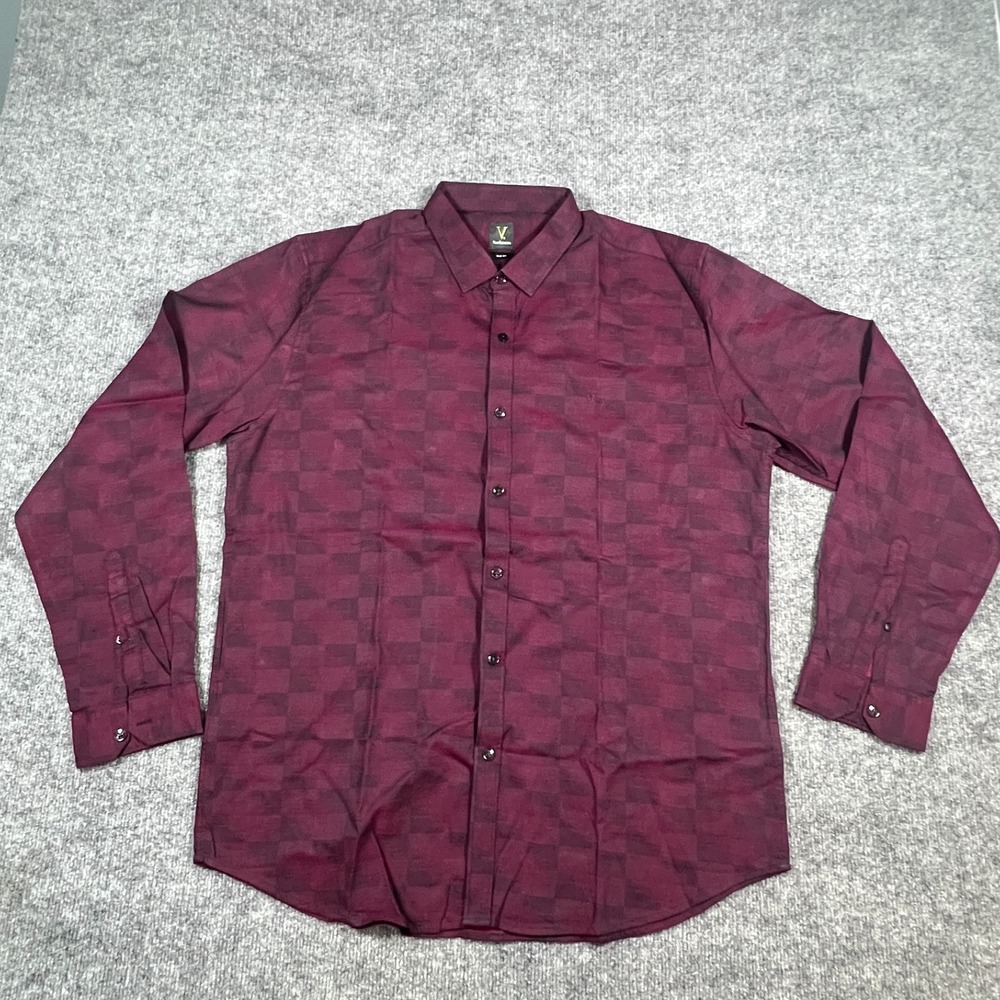Van Heusen Slim Fit Shirt Mens Burgundy Check Button Front Point Collar Casual
